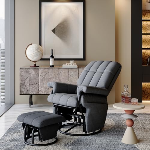 AODAILIHB Swivel Glider Recliner with Ottoman, 360 Rocking Chair with Foot Rest Recliner Chair Indoor Rocking Chair with Side Pockets Nursery Chairs for Living Room, Bedroom, Office (Grey)