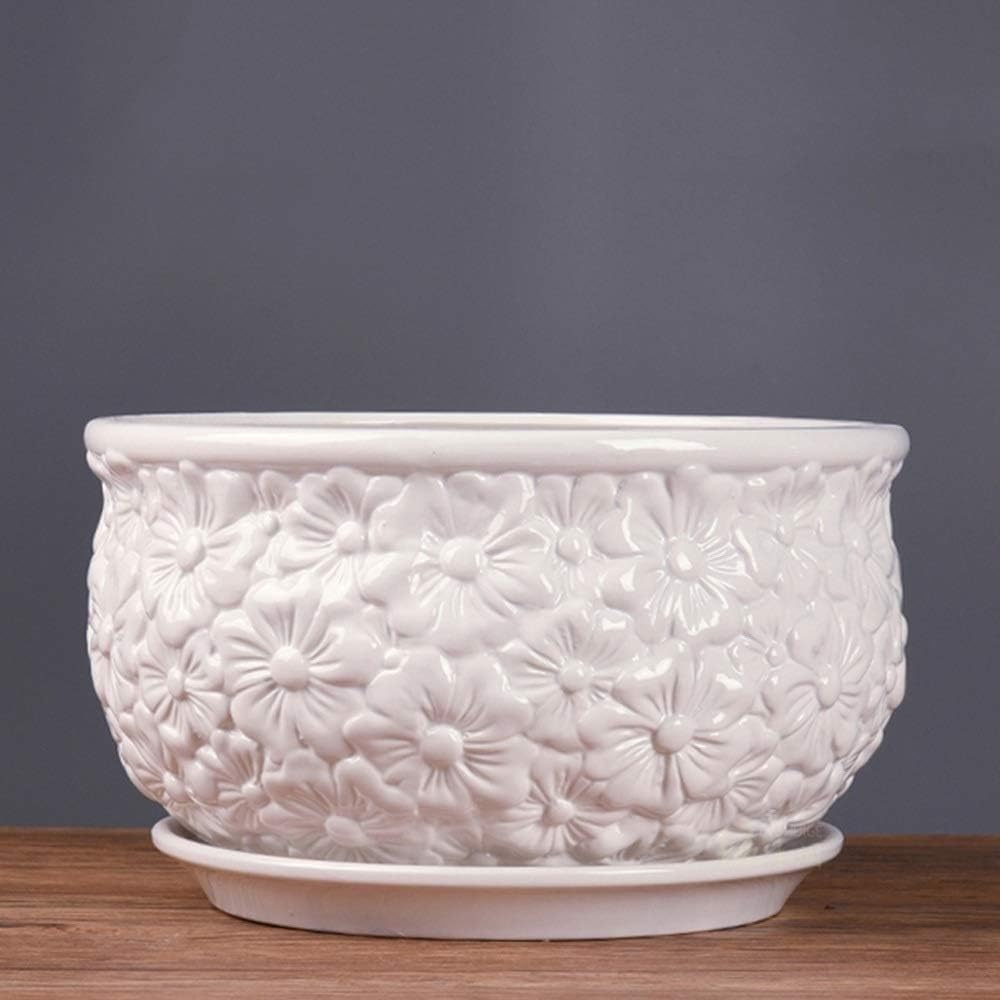 Biała ceramiczna doniczka z szerokimi ustami Bardzo duża nowoczesna okrągła balkonowa zielona doniczka Wewnętrzna ceramiczna biała doniczka ze spodkami Kreatywne różne wzory (kolor: styl 4) (styl 3)