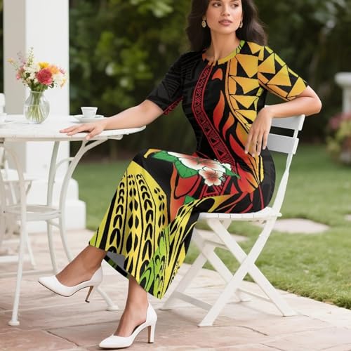 Image of Puletasi Samoan Traditional 2 Piece Outfits for Women Short Sleeve Crop Top and Maxi Skirt Sets Puletasi Dress