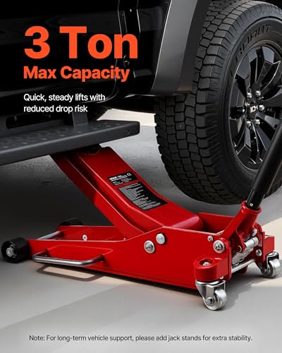 Image of VEVOR Low Profile Floor Jack 3 Ton Aluminum and Steel Racing Floor Jack with Dual Pistons Quick Lift Pump, Hydraulic Trolley Car Lift for Sports Car, SUV, Pickup, Lifting Range 3.3 inch-20.3 inch