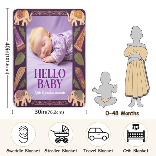 Custom Cute Baby Photo Cartoon Elephant Ehnic Style Purple Girl Muslin Swaddle Blankets Cozy para personalizar Photo Baby Blanket with Name for Girls or Boys 30x40in Mantas para3