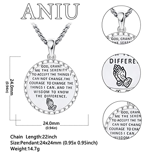 Aniu Bible Verse Necklace For Men Women Sterling Silver Serenity Prayer Pendant Religious Faith Gifts Courage Wisdom Praying Hands Inspirational Sobriety Jewelry #TOP1
