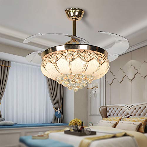 🔥 Hot Deals 42 inch Crystal Low Profile Ceiling Fan Chandelier with LED Light, Modern Retractable Ceiling Fan Chandelier with 3 Colors 3 Speed Fan Chandelier Lighting for Bedroom Dining Room