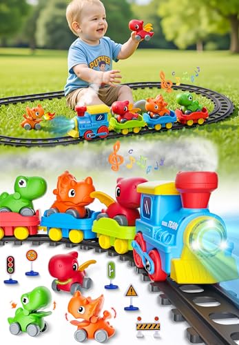 Train Set for Toddlers w/Steam, Music & Lights - Electric Train Toys for Kids w/Tracks Accessories, Including 3 Dinosaur Car and 3 Trailer, Christmas Birthday Gifts for 3 4 5 6+ Years Old Boys Girls.