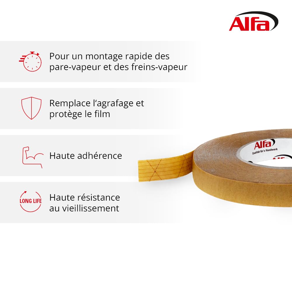 Alfa Ruban adhésif double face pour pare-vapeur – 20 mm x 50 m – 4 pièces | Fixation pour frein-vapeur et membrane de sous-toiture, sans solvants, usage intérieur et extérieur, remplace l’agrafage