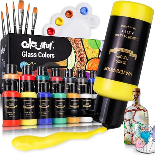Colorful 14 Colors Stain Glass Paint Set with 6 Brushes, 1 Palette, Waterproof Permanent Glass Painting Kit for Kids to Arts on Wine Glasses,Bottle and Windows