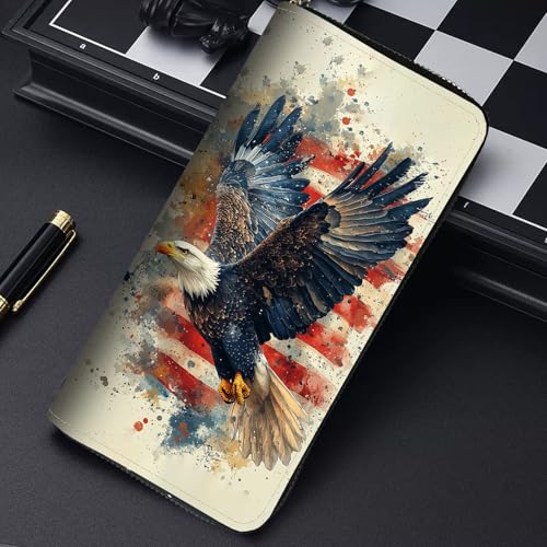 Image of RFID Blocking Leather Wallet for Women - Large Capacity Zip Around Clutch with 8 Card Slots,14 Cash Pockets & Coin Zipper,Eagle