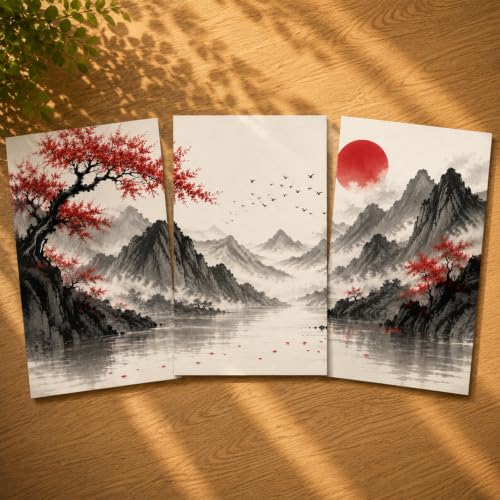 Image of Everoot's CRIMSON DAWN | 3 Piece Abstract Wall Art Poster Set | 12 x 18 Inch Each | 300 GSM Premium Wall Decor with Adhesive Stickers | Easy to Apply & Remove | Living Room, Bedroom & Office | Unframed