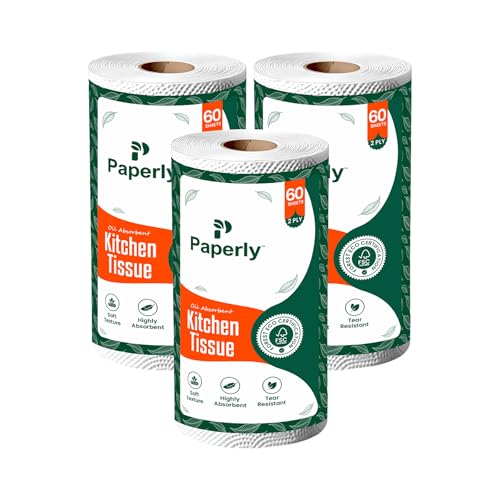 Image of Kitchen Tissue Roll 2 Ply, 60 Sheets, Highly Absorbent Oil & Spill Cleaning Paper Towels, Soft Tear Resistant Disposable Kitchen Wipes (Pack 3)