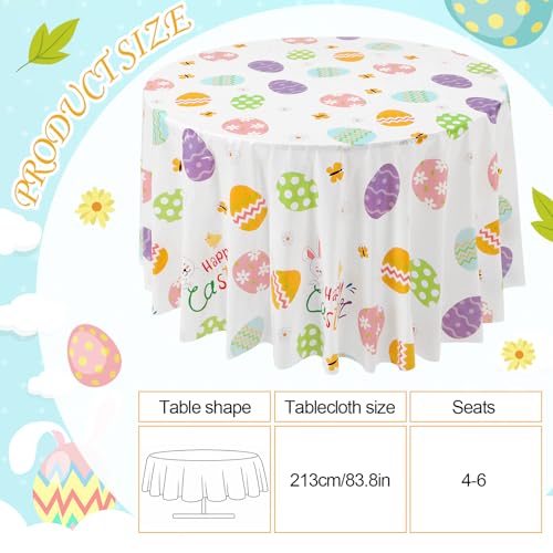 Image of Hahafelt 3 Pcs Spring Easter Plastic Round Tablecloth 84 Inch Colorful Egg Disposable Table Cover Pastel Bunny Flower Watercolor Egg Circular Table Cloth for Spring Easter Birthday Party Decoration
