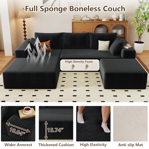 Image of 96 inch U-Shape Cloud Couch, Modern Modular Sectional L-Shape Sofa with Ottoman, Corduroy Upholstered Couches Deep Seat Sleeper Chaise Longue for Living Room, No Assembly Required(Black, Left Facing)