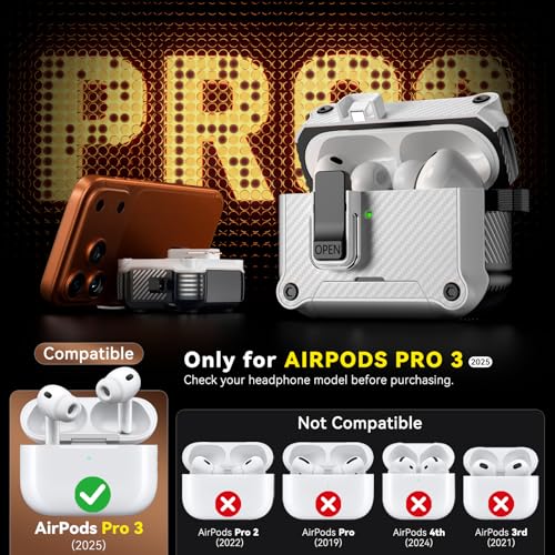 Image of Inesore for AirPods Pro 3 Case with Secure Lock (White) | Phone Stand Design,Compatible with MagSafe,Automatic Snap Switch Secure Cover Carbon Fiber Texture with Cleaner Kit