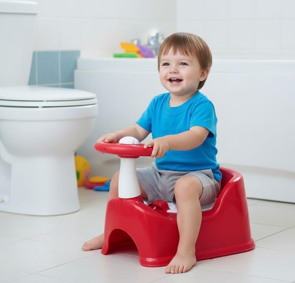 Image of Baby Potty Training Seat with Steering Wheel | Fun & Comfortable Toddler Toilet Trainer | Easy-Clean Potty Chair for Boys & Girls (Red)