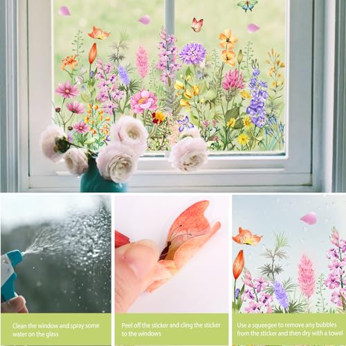 COMOOKA 3 Bögen Fensterbilder Frühling Groß Fensterbilder Sommer Fensteraufkleber Frühling Fensteraufkleber Sommer Blumen Schmetterling Fensterfolie Zweiseitig