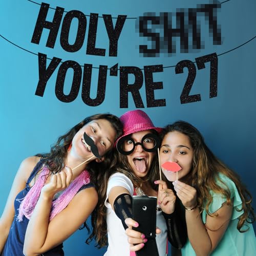 Image of Black Glitter Holy Shit You're 27 Banner, Happy 27th Birthday /Cheers to 27 Years, Funny 27th Birthday Party Decorations Supplies