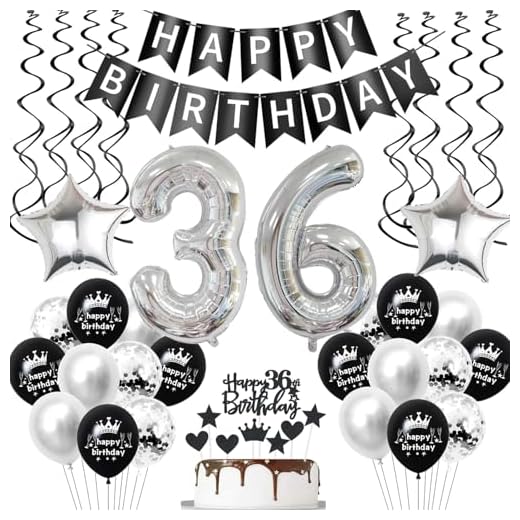 Decoración de cumpleaños para 36 años, hombre, negro y plateado, juego de decoración de 36 años, para mujer, 36 años, decoración de cumpleaños para hombre, mujer, globo, decoración de cumpleaños