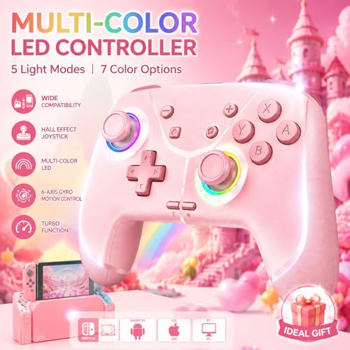 Image of Switch Controller, Wireless Pro Controller for Nintendo Switch 2 /Switch /Lite /OLED, Bluetooth controllers Compatible with iPhone /Mac /iPad /iOS /Android /Phone /PC /Steam and TV with Programming /RGB4 /Vibration / 3 Turbo Modes /6-Axis /Motion (Pink)