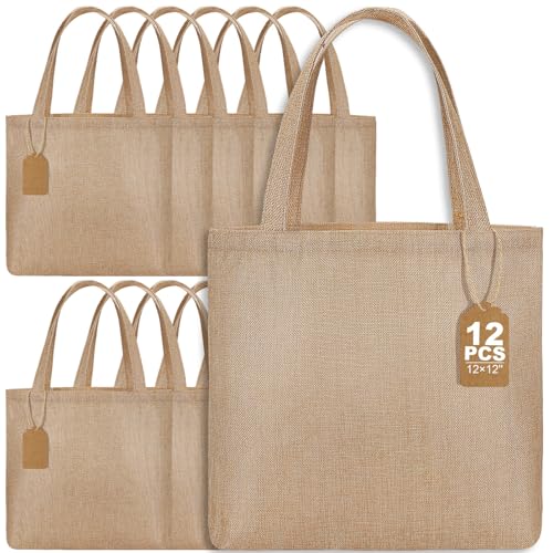 Aliceset 12 Pcs Mini Burlap Tote Bags,12 x 12 x 3.5 Inch,Light Brown