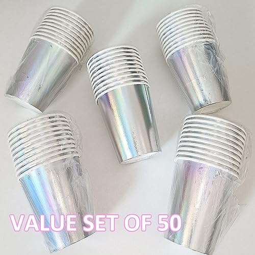 EaciTown 50 peças de copos de papel iridescentes copos de festa discoteca arco-íris prata sereia uni