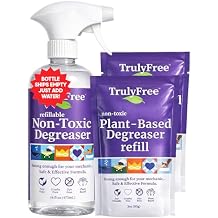 Truly Free Heavy Duty Degreaser - Grease Remover & Grime Cleaner for Kitchen, Automotive & More, Household Cleaning Supplies, Fragrance-Free, Includes 16 oz Reusable Empty Bottle + Two Fills, 3 oz ea.
