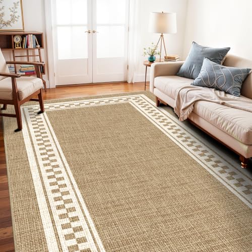 WIEVEDENS Faux Linen Washable Rug Smooth Breathable Mat 5x12 Warm Brown
