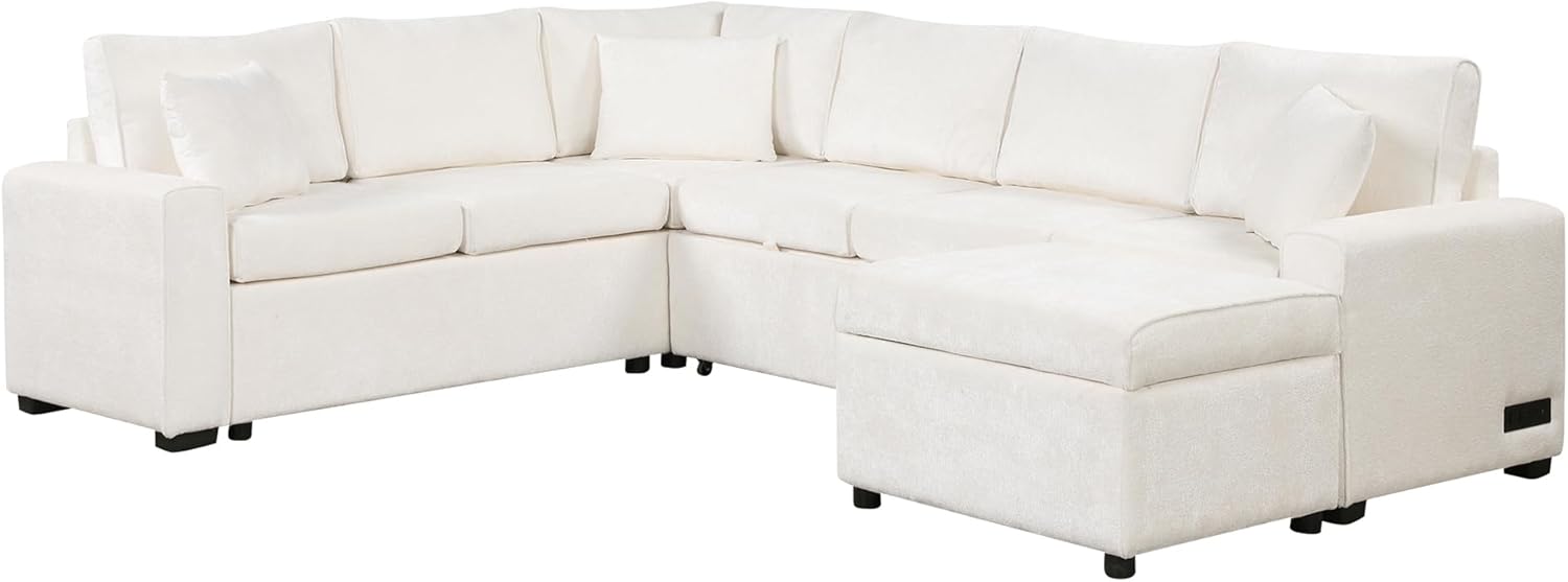 112" Luxurious Pull-out Sofa Bed Sleeper with Storage Ottoman,Sectional Sleeper Couch W/ 3 Pillows,2 USB ports & 2 Power Sockets,Corner Furniture Set for Living Room Large Space,Cream Chenille