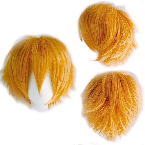 Cybelleza Short Orange Wig Unisex Anime Cosplay Wig for Women / Men Synthetic Curly Straight Wig Fancy Dress Layered Fluffy Halloween Costume Party Carnival Wig with Free Cap