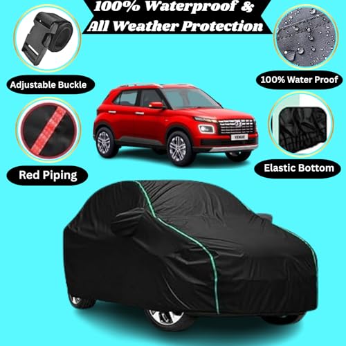 Image of Waterproof Car Body Cover for Hyundai Venue (2015-2026) with Mirror Pocket, UV Protection, Buckle Belt, 100% Water-Resistant (Black)