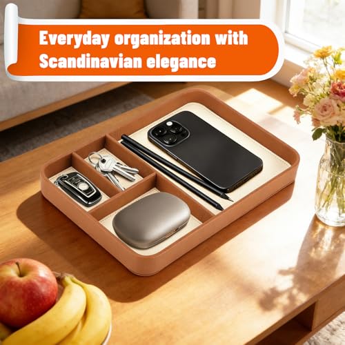 EOJDDPA Valet Tray for Men, PU Leather Desk & Nightstand Organizer - Two-Toned Catch All Tray for Keys, Wallet, Watch, Jewelry and EDC Gear (brown) by EOJDDPA - Image 5