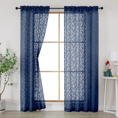 Gwine Navy Blue Curtains 84 Inches Long 2 Panels Set Light Filtering Soft Lightweight Sheer Curtains Leaf Clip Jacquard Textured Curtain for Bedroom Living Room 42Wx84L Inches 2PCS