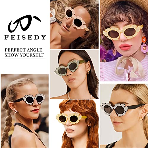 FEISEDY Trendy Cat Eye Sunglasses Flower-shaped Frames Retro Diamond Cateye Eyewear for Women Men Oversized Sunglasses B23702