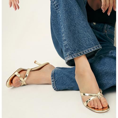 Image of Dsevht Gold Kitten Heel Sandals for Women Flip Flop Strappy Mule heels Rounded Open Toe Heeled Thong Sandals Women
