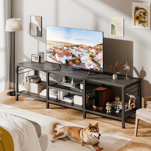 Image of Furologee 63 Inch TV Stand, Entertainment Center with Shelves, Black Oak | Console Table, Open Storage Shelves, 4 Hooks, for 65 /70 Inch TVs, TV Stands for Living Room, Bedroom