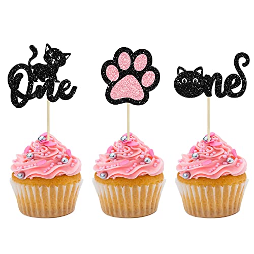 24pcs One Cupcake Toppers - Black Glitter Cat Frist Birthday Cupcake Picks Decorations for Cat Lover Kitten Theme Baby Shower Kids 1st Birthday wedding Party Supplies