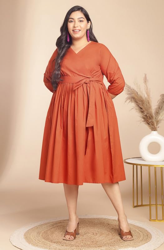 Image of Janasya Women's Pure Cotton Solid A-Line Below The Knee Dress