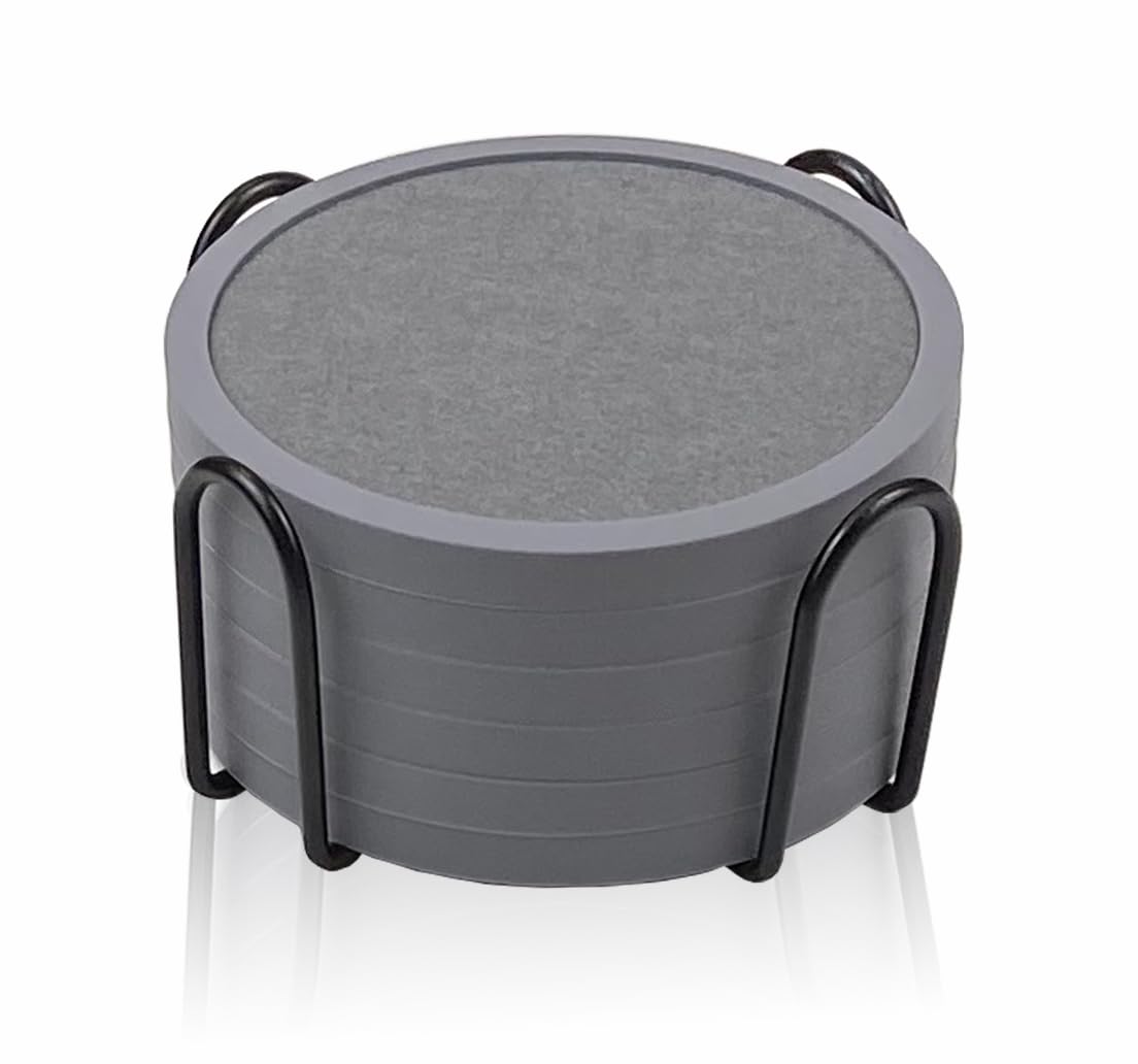 Absorbent Coasters for Drinks with Holder - 6packs, Silicone Coasters with Soft Felt Insert, Grey