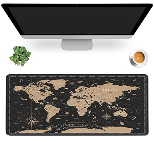 Tapis de souris de jeu vintage avec base en caoutchouc antidérapant avec bords cousus, imperméable et motif carte du monde noir, doré, 90 x 40 cm