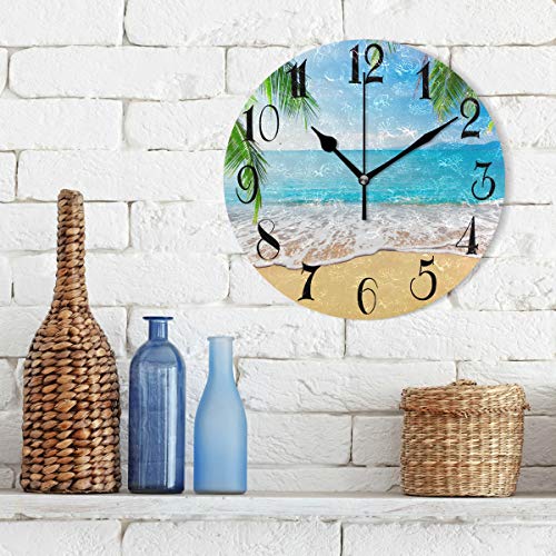 ZOEO Palm Trees Hawaiian Tropical Seashore Beach Clock Painted Silent Non-Ticking Round Wall Clock Home Art Bedroom Living Dorm Room Decor - Image 3