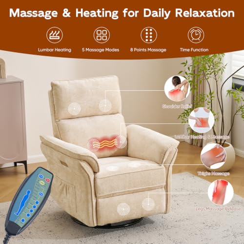 Image of Swivel Rocker Recliner with Auto Rocking,Power Recliner Nursery Chair with Massage and Heat,Glider Recliner Nursery Chair for Living Room,Beige