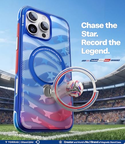 Image of TORRAS World Cup Spirit Inspired, Football Limited Edition Ostand Q3 Air for iPhone 16 Pro Case & 360 Magnetic Stand, Fit for MagSafe, Mil-Grade Drop Tested, Camera Control Button, Starlight