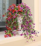 Obmnor Artificial Hanging Flowers for Outdoors, 4 Pack Fake Hanging Plant for Spring Summer Decor, UV Resistant Faux Silk Flower for Planter Porch Patio Balcony Yard Decoration (Light Purple & Red)