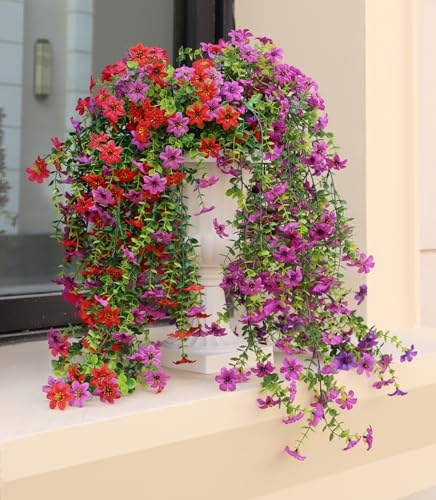 Artificial Hanging Flowers for Outdoors, 4 Pack Fake Hanging Plant for Spring Summer Decor, UV Resistant Faux Silk Flower for Planter Porch Patio Balcony Yard Decoration ( Light Purple & Rose Red)