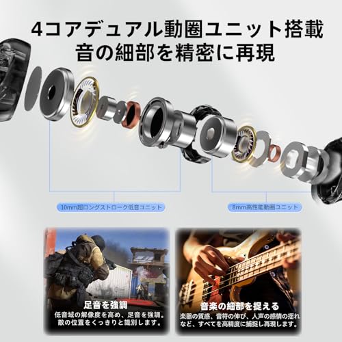 KZA COUSTICS KZ Duet インイヤーゲーミングイヤホン デュアルダイナミックドライバー Hi-Fiサウンド、HDデュアルマイク 3.5mm/Type-Cイヤホン (3.5mm マイク付き, 黒)