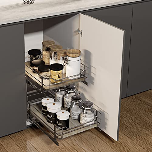 Home Zone Living Pull Out Kitchen Cabinet Organizer with 2 Tiers of Storage for Easy Access, 15”W x 20”D, Satin Nickel with Light Brown, Virtuoso Collection by Home Zone Living - Image 2