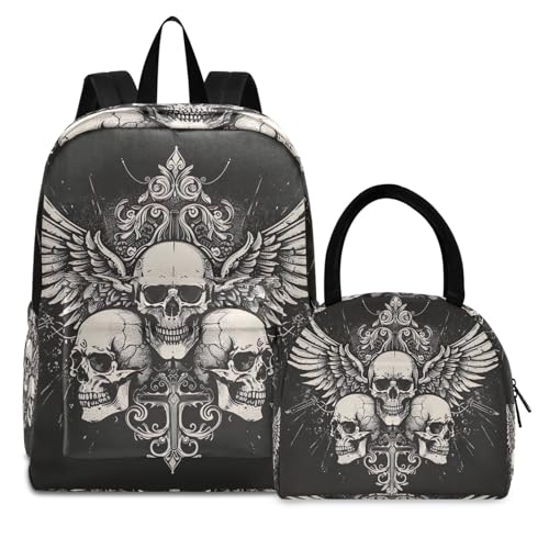 Backpacks, Skulls Wings Black Waterproof Insulated Cooler Bag, Girls Bookbag with Lunch Box