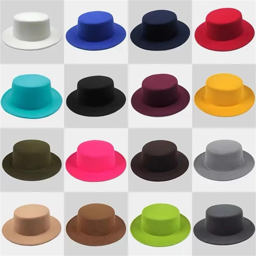 Suwequest Tinta unita Boater Fedora Cappello Autunno Inverno Imitazione Lana Bombetta Cappello Donne Uomini Flat Top Feltro Cap Elegante Lady Chapeu, 11 caffè, 55/58 cm