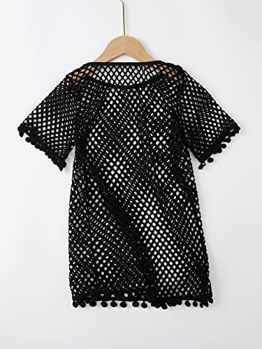Shein Girl's Fishnet Short Sleeve Swim Cover Ups See Through Pom Pom Trim Sundress Black 150 #TOP1