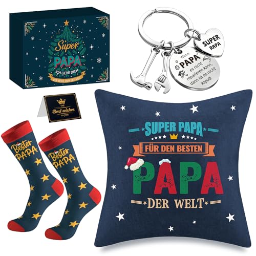 Edonkvi Papa Geschenk Weihnachten,Geschenke für Väter,Männerkissen mit Taschen zum Befüllen,Geburtstagsgeschenk Mann,Männergeschenk Lustig Con Kissenbezug 45x45CM Socken und Schlüsselanhänger