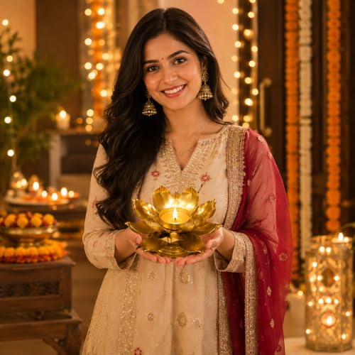 Image of Easyera Beautiful Lotus Tealight Holder Candle Stand Metal Home Decoration Festival Occasions Diwali (Not Include Glass Candle) Golden Pack ((Golden) Mini Lotus 2 /Crystal Holder 2)