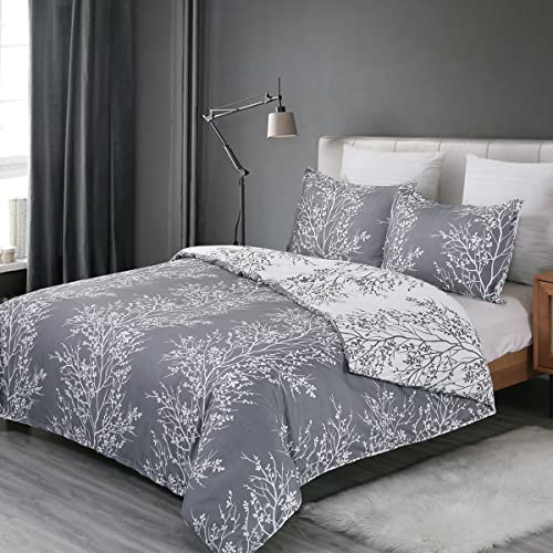 Vaulia Soft Microfiber Floral Duvet Cover Set, Modern Bedding Set, Branches Pattern White/ Grey Color Reversible Design 3-Piece ( 1 King Duvet Cover 2 Pillow Shams ) #TOP1